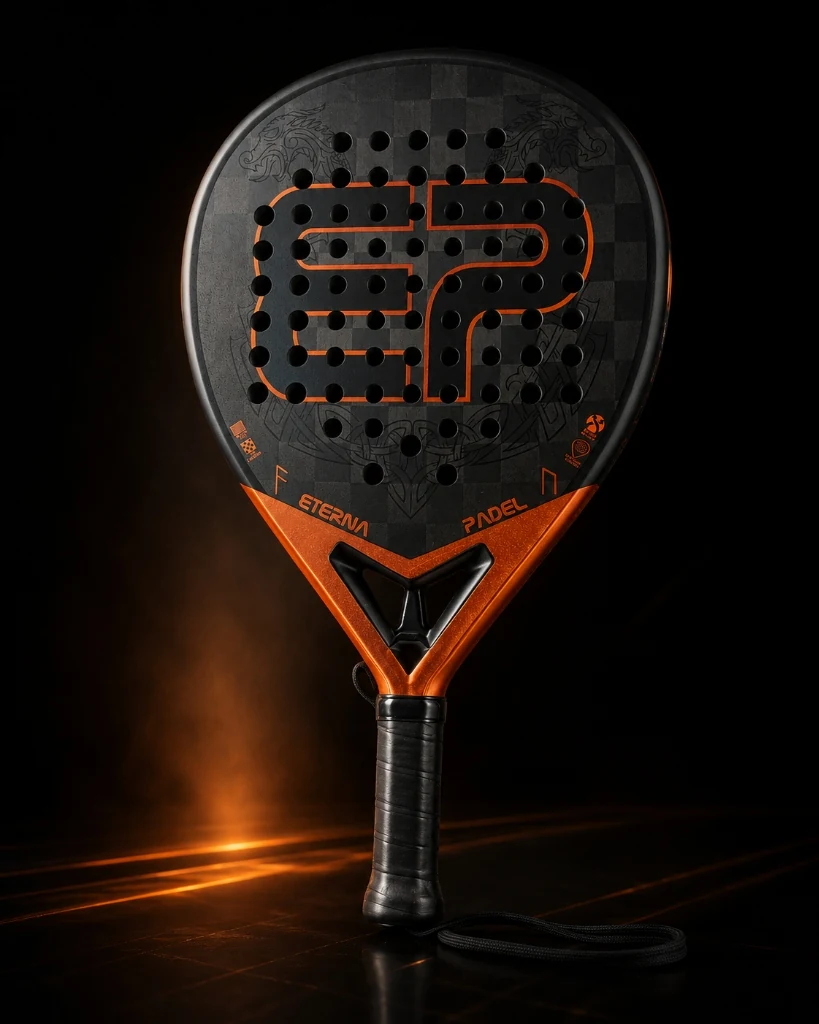 Pala Berserker de Eterna Padel en estudio, naranja y negro